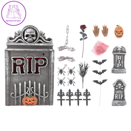 Náhrobní kámen 33x55 cm + halloweenská dekorace s LED světlem (sada)