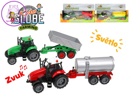 Kids Globe Farming traktor kov 25cm na setrvačník s vlečkou na baterie+světlo/zvuk 4druhy