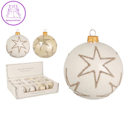 Vánoční skleněná koule 8 cm - ručně foukaná, bílá / krémová ve 2 designech