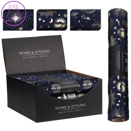 Organza látková 28x150 cm - modrá, potisk ve zlaté barvě (mix 3 motivů)