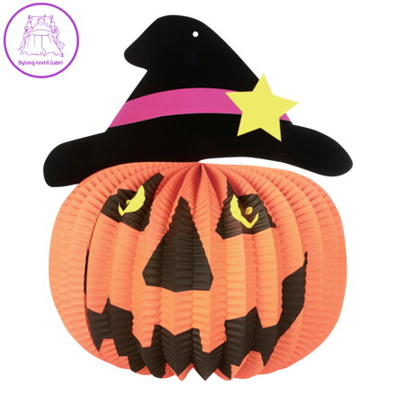 Halloweenská lucerna 26 cm - Dýně s kloboukem, papírová, kulatá