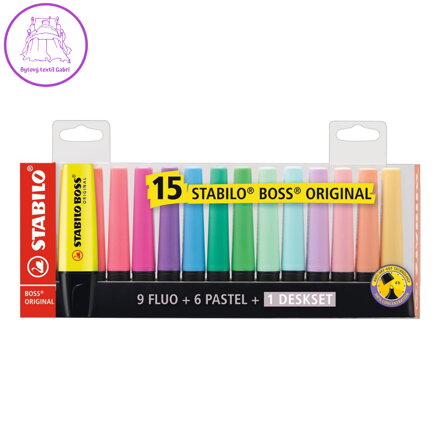 Zvýrazňovač  - STABILO BOSS ORIGINAL - 15ks Stolný set - 9 svetlých farieb, 6 pastelových