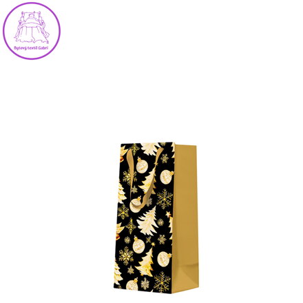 Dárková taška malá/úzká - Golden christmas trees black 10x22x7 cm