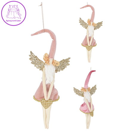 Dekorácia závesná - anjelik s čiapkou, ružová, 37cm