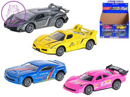 Auto sportovní 10cm 1:43 kov zpětný chod 4druhy v krabičce 24ks v DBX