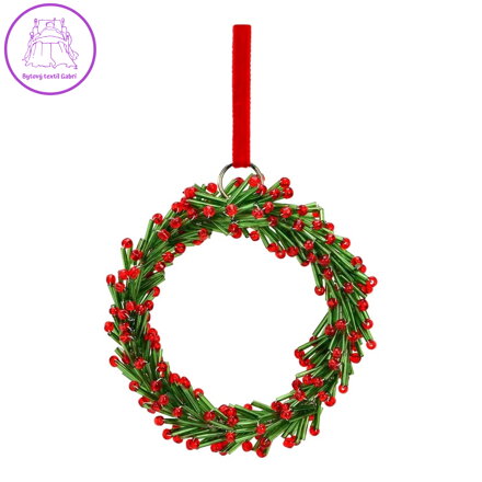 Skleněný vánoční věnec 9 cm na zavěšení, zeleno-červený kruh