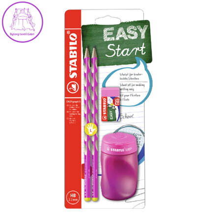 Školní set pro leváky - tužka STABILO EASYgraph S v růžové barvě + gumy a struhadla