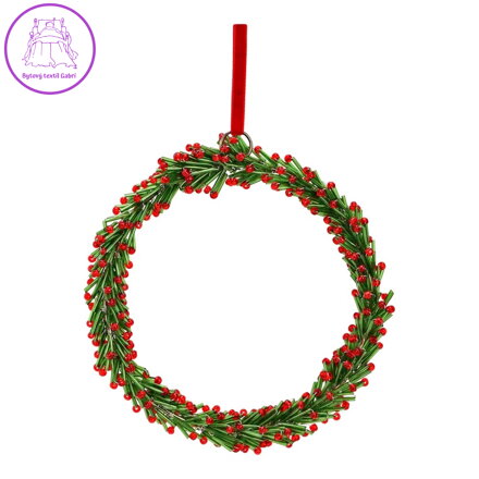 Skleněný vánoční věnec 15 cm na zavěšení, zeleno-červený kruh