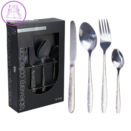 Sada příborů - nerezová ocel/stříbro se sněhem. Sada 16 kusů příborů s motivem sněhové vlo Sada příborů - nerezová ocel/stříbro se sněhem. Sada 16 kusů příborů s motivem sněhové vlo