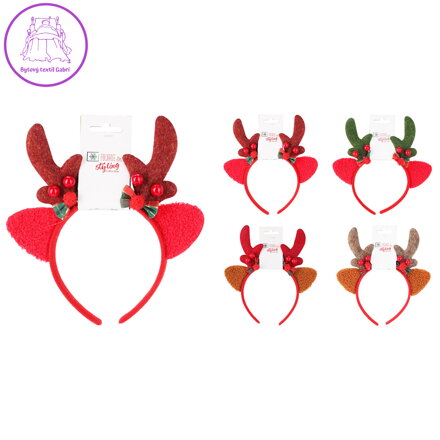 Čelenka - vánoční sob s parohy zdobenými rolničkami a mašlí (mix 4 barev)