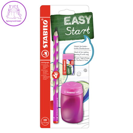 Školní set pro praváky - tužka STABILO EASYgraph v růžové barvě + guma a ořezávátko