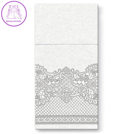 Kapsy na příbory PAW Airlaid 40x40cm Royal Lace Silver, 25 ks/bal