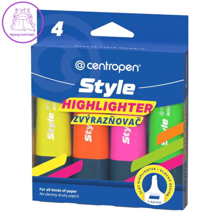 Zvýrazňovač CENTROPEN 6252 Style Soft (klínový hrot 1-4,6 mm) 4 fluo barvy