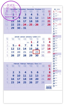 Nástěnný kalendář 2026 - tříměsíční modrý s poznámkami