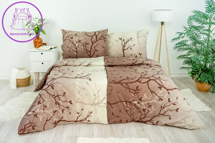 Ložní povlečení bavlněné Stanex větvičky hnědé (LS232), 140 x 220 + 90 x 70, Knoflíkové