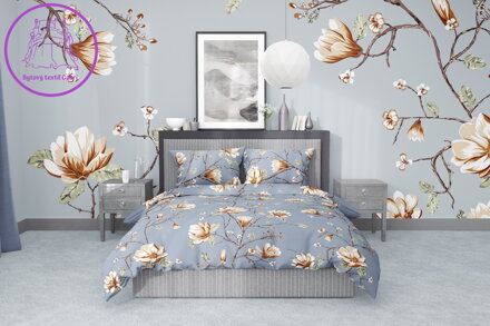 Ložní povlečení bavlněné Stanex magnolie zlatá (LS374), 140 x 220 + 90 x 70, Knoflíkové