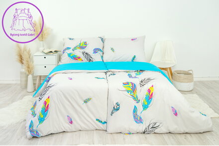 Ložní povlečení bavlněné Stanex peří tyrkysové (LS218), 140 x 200 + 90 x 70, Knoflíkové