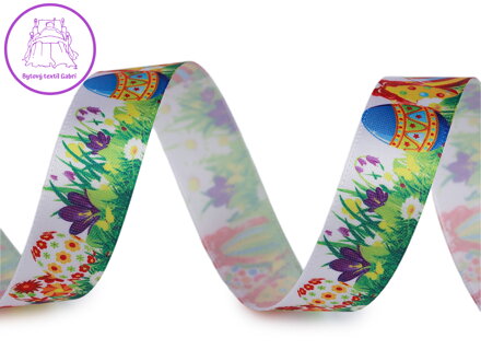 Stuha Velikonoce šíře 20 mm kuře, vejce, louka, zajíc