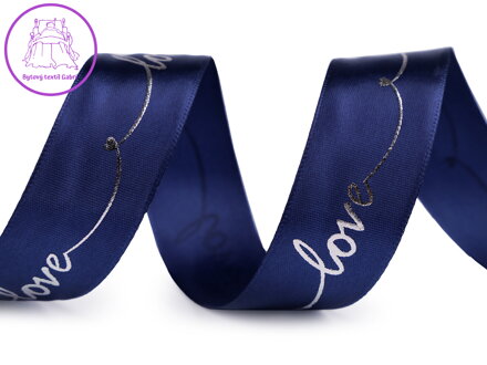 Saténová stuha s metalickým potiskem Love šíře 26 mm