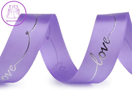 Saténová stuha s metalickým potiskem Love šíře 26 mm