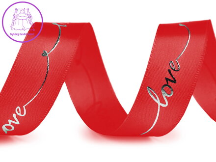 Saténová stuha s metalickým potiskem Love šíře 26 mm