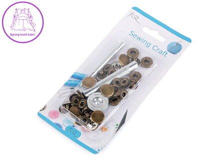 Knoflík stiskací Ø15 mm na středně silné látky, s ručním kovovým aplikátorem