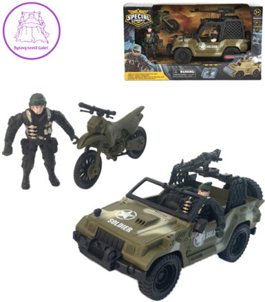 Auto vojenské army vozidlo set s motocyklem a 2 figurkami s doplňky plast