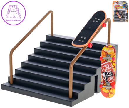 Skateboard prstový fingerboard herní set s rampou schodiště kov