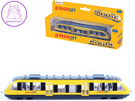 Vlak regionální žlutý model Regiojet 17cm kovový v krabičce