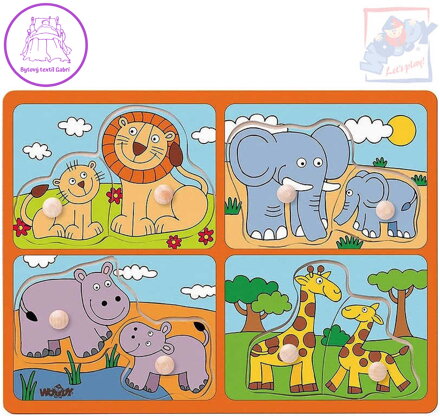 WOODY DŘEVO Baby puzzle s úchyty mláďata 4x2 dílky na desce pro miminko