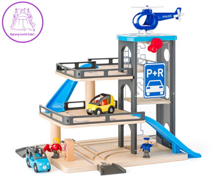 WOODY Garáž dřevěná s výtahem, autíčky a heliportem