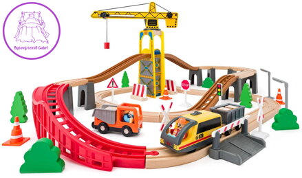 WOODY DŘEVO Vláčkodráha s jeřábem a doplňky 70 dílků vláček na baterie