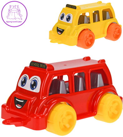 Autobus školní baby veselý barevný 26cm s obličejem 3 barvy plast