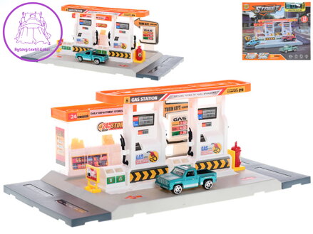 Stavebnice benzinová stanice set 24 dílků s autem volný chod plast