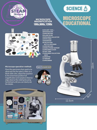 Mikroskop dětský velký zvětšení až 1200x v kufříku s příslušenstvím na baterie