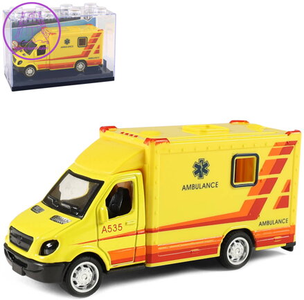 Auto sanitka kovová žlutá ambulance zpětný chod v plastovém boxu