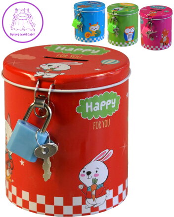 Pokladnička zvířátka válec dětská kasička se zámkem a klíčky 4 druhy kov Pokladnička zvířátka válec dětská kasička se zámkem a klíčky 4 druhy kov
