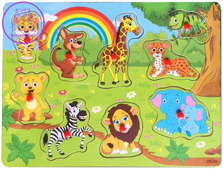 DŘEVO Baby vkládačka zvířátka ZOO 9 dílků s úchyty *DŘEVĚNÉ HRAČKY*