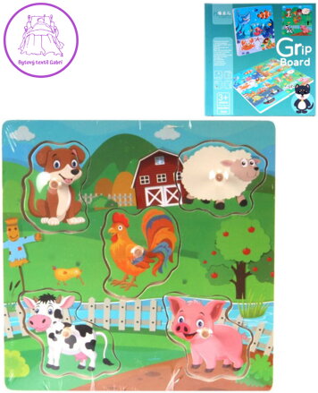DŘEVO PUZZLE Vkládací různé druhy na desce 5 dílků s úchyty