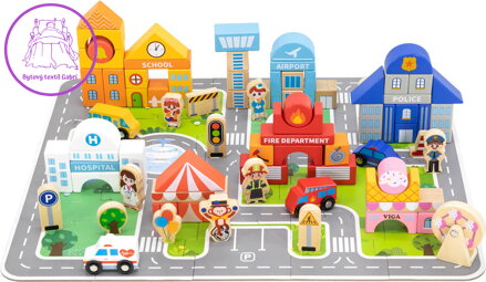 VIGA DŘEVO Stavebnice baby město herní set na puzzle podložce s doplňky v kyblíku