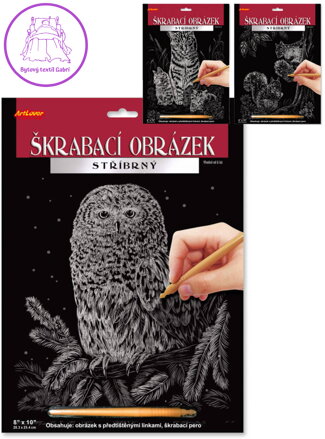 Obrázek vyškrabovací Zvířáta stříbrný kreativní set se škrabacím perem 3 druhy