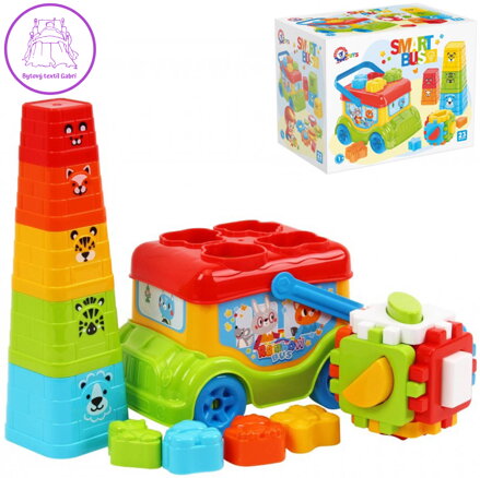 Autobus baby vkládačka volný chod + pyramida skládací kalíšky barevné