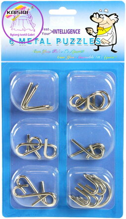 Hra mini hlavolam kovový 5cm set 6x puzzle skládačka různé druhy na kartě