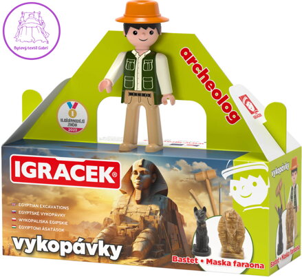 EFKO IGRÁČEK Archeolog figurka egyptské vykopávky maska faraona a soška Bastet
