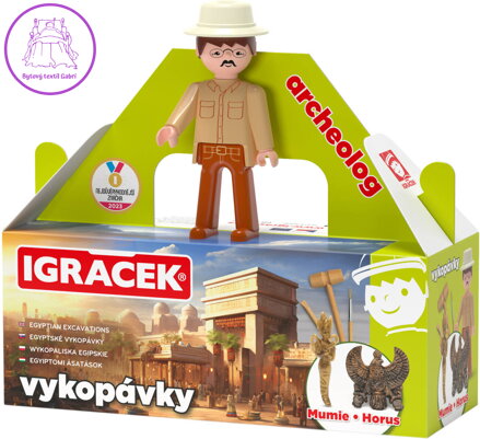 EFKO IGRÁČEK Archeolog figurka egyptské vykopávky mumie a soška bůh Hora