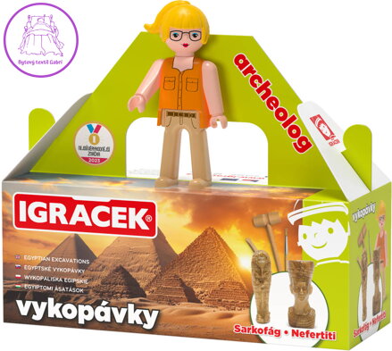 EFKO IGRÁČEK Archeoložka figurka egyptské vykopávky sarkofág a soška Nefertiti