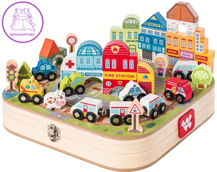 WOODY DŘEVO Vláčkodráha Město v rozkládacím kufříku s auty a domy WOODY DŘEVO Vláčkodráha Město v rozkládacím kufříku s auty a domy