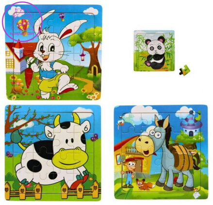 DŘEVO PUZZLE Zvířátka 15x15cm skládačka na desce 16 dílků 4 druhy