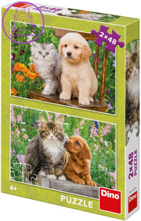 DINO Puzzle Pejsek a kočička na zahradě 2x48 dílků 26x18cm skládačka