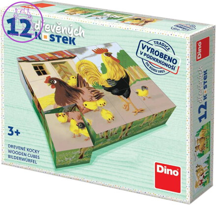 DINO DŘEVO Kubus Domácí zvířátka retro obrázkové kostky set 12ks